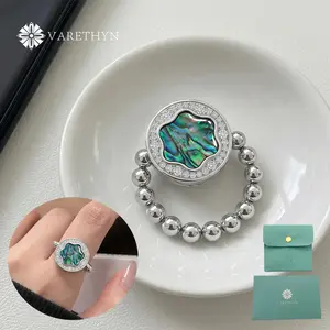 Abalone Shell Stretch Ring for Women Rhodium Plated Beaded Band with CZ Halo Ocean Inspired Coastal Feel Ring Jewelry Gift for Girl for Women