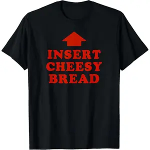 Red T-Shirt with Cheesy Bread Lettering and Arrow Graphics