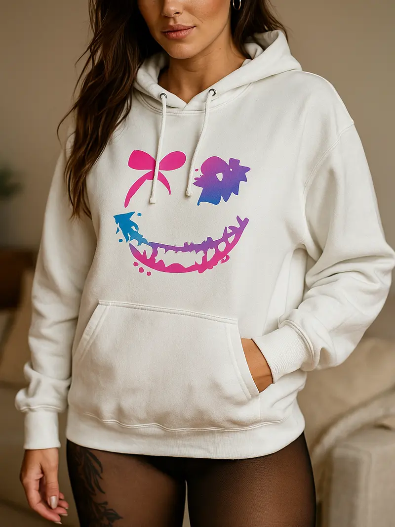 Women's Autumn Clothing Cotton Hoodie,With purple Doodle smiley face Graphic