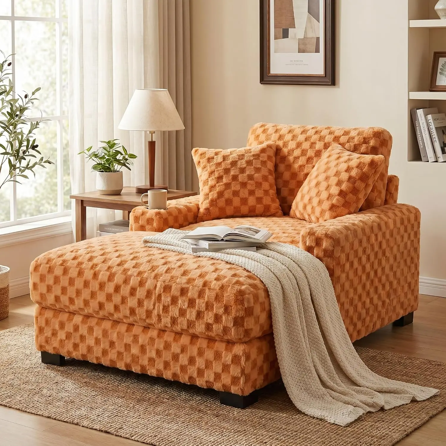 41" Oversized Chaise Lounge Chair for Adults with USB Port & Cup Holders, Plush Checkered Sofa Chair with Pillows, Deep Seat Reading Chair for Living Room, Bedroom, Apartment