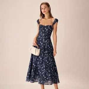 Navy Floral Sweetheart Neck Midi Dress Womenswear Fitted