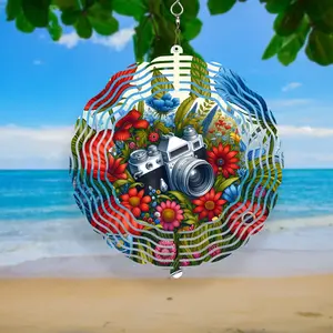 8” Camera Wind Spinner – Vintage Camera & Colorful Floral Design – Double-Sided Metal Decor for Indoor & Outdoor Use – Mesmerizing Visuals