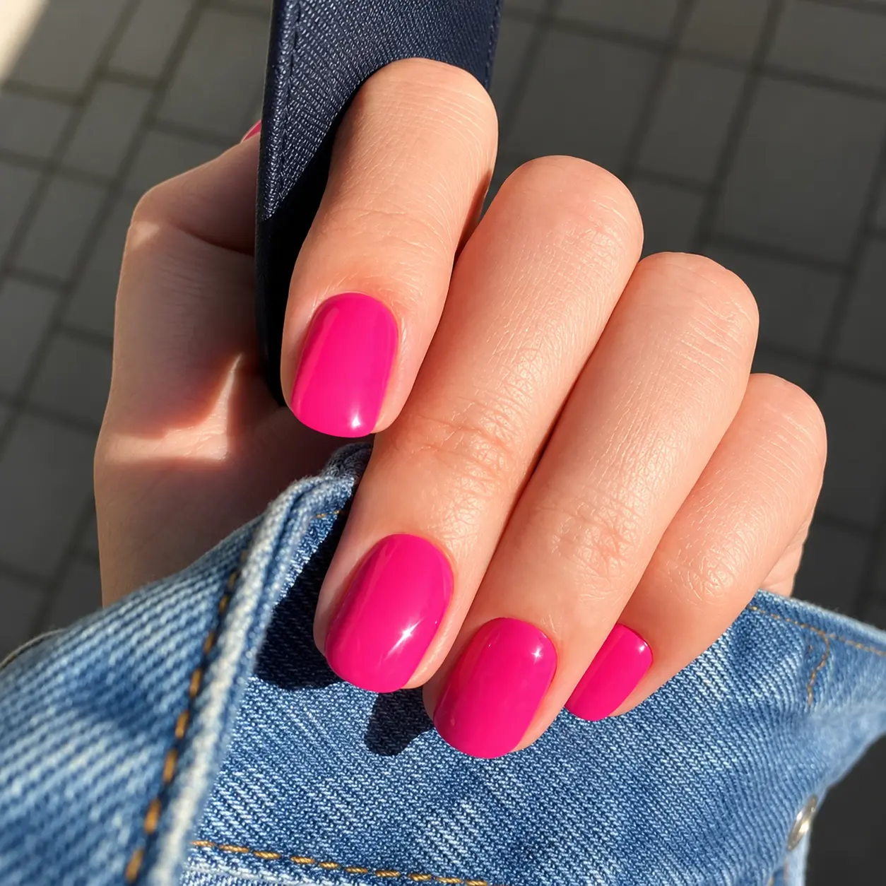 Hot Pink Press On Nails 24 pcs Short Square, Glossy Solid Color Bright Pink Fake Nails with Nail Glue, Adhesive Tabs & Nail File, Cute Full Cover Acrylic Stick On Nails for Women, Summer Beach Vacation Party Date Night Everyday
