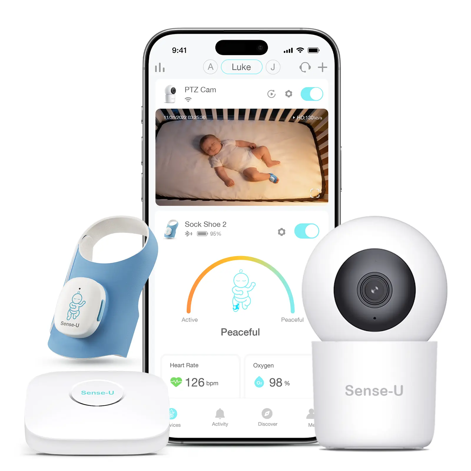 Sense-U Smart Baby Monitor Sock Shoe 2 Bundle Tracking Movement and Sleep Patterns，with 2.5K HD Video Camera, AI Cry Detection, Night Vision and 2-Way Talk