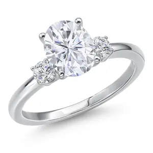Gem Stone King 14K White Gold Oval Gemstone Birthstone and White Lab Grown Diamond 3-Stone Ring | Oval 9X7MM and Round 3MM | Three Stone Wedding Anniversary Promise Gold Ring For Women