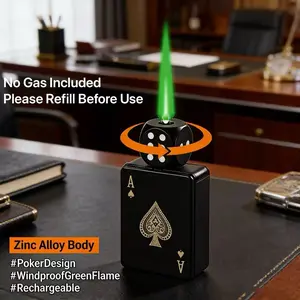 (Butane Gas Not Contained) Stylish Windproof Playing Card Lighter with Rotatable dice,Refillable Green Flame Lighter,Outdoor Windproof Lighter,Creative Novelty Lighter,Ideal gift for boyfriend,husband,friend