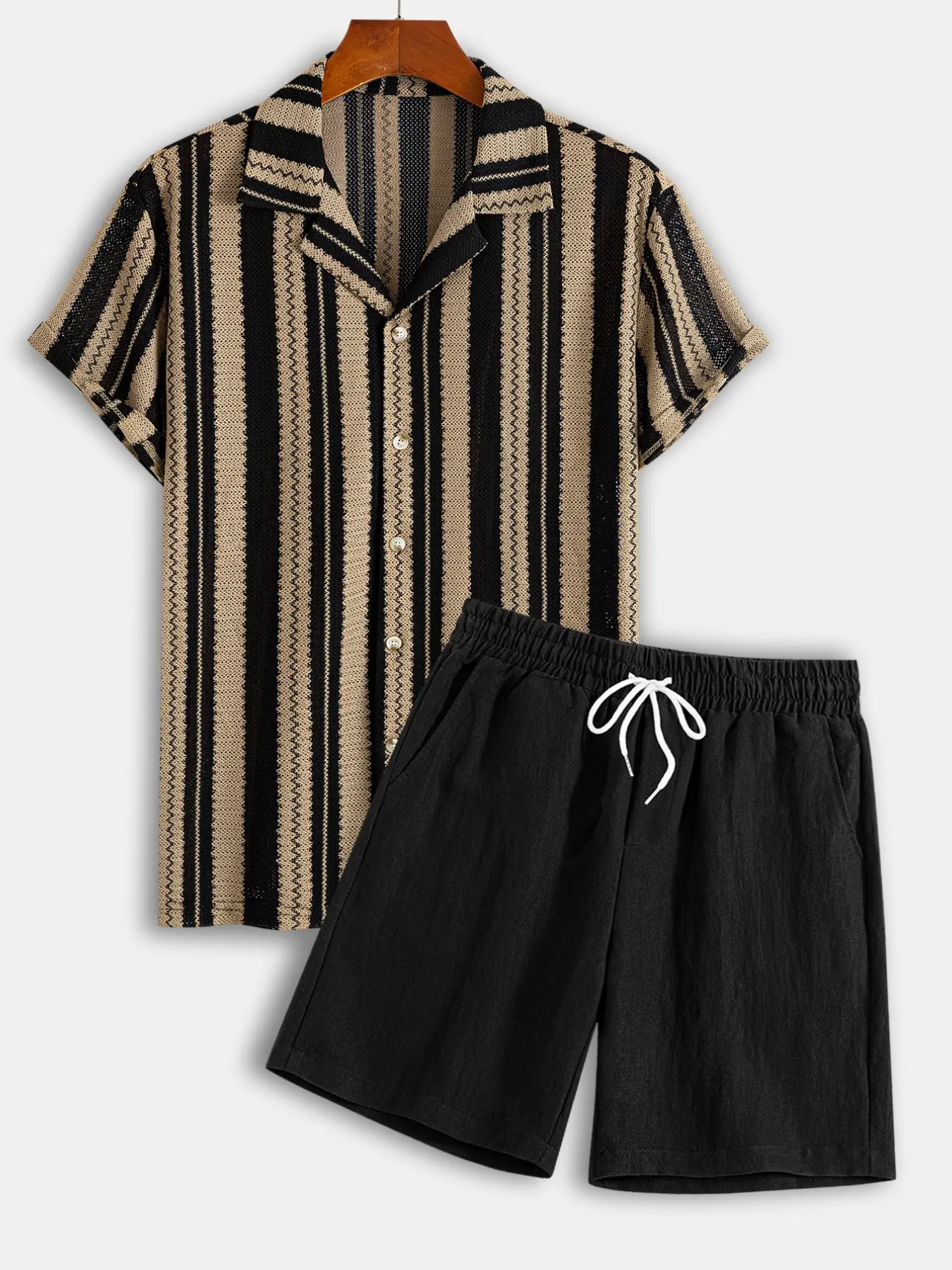 Men's Casual Clothing Set Stretch Knit Jacquard Striped Short Sleeve Shirt & Linen-Blend Shorts Set, 2-Piece Breathable Summer Outfit for Beach and Vacation