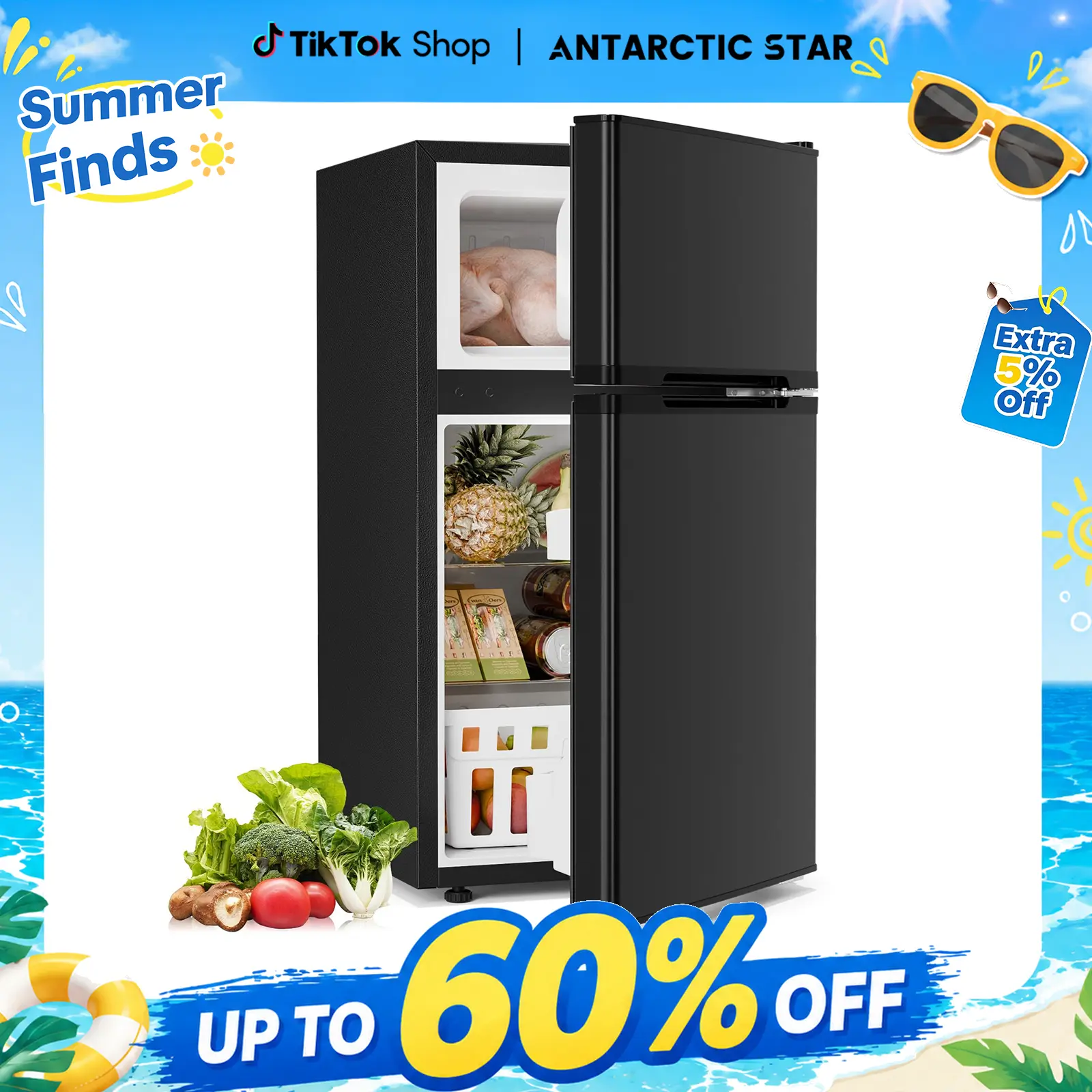 Antarctic Star 3.2 Cu.Ft. Mini Refrigerator with Freezer, Double Door Compact Fridge with Adjustable Removable Shelves, for Dorm/Apartment/Office/Basement summerwins