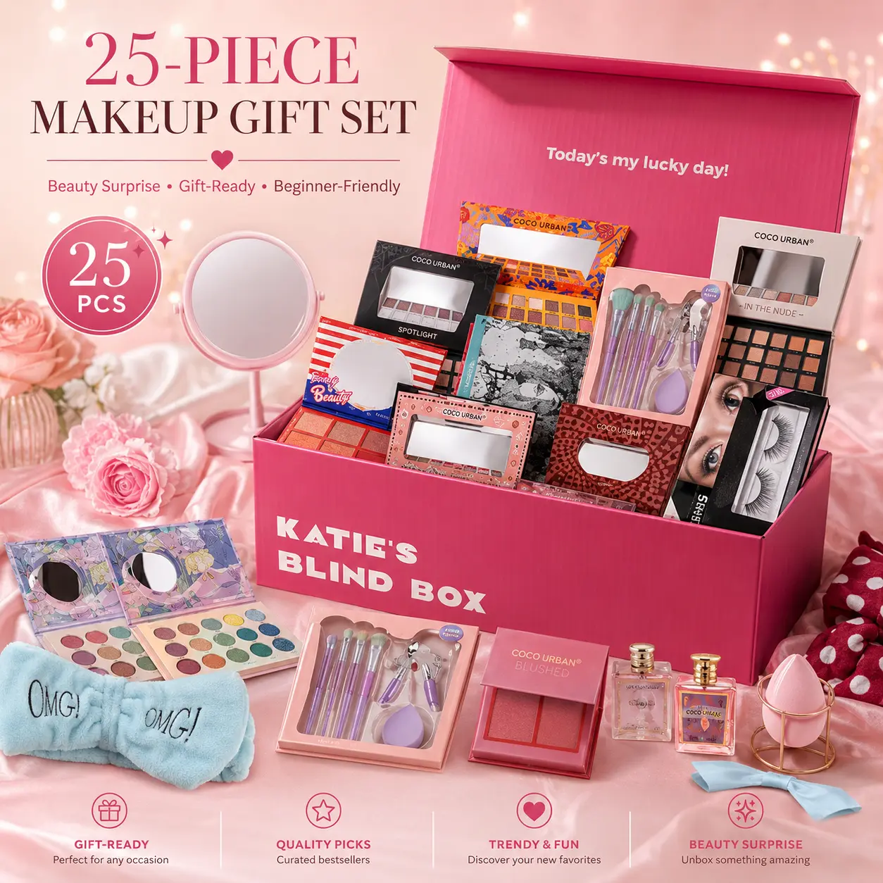 Katie's 25-Piece Makeup Set Kit, Beginner-Friendly Cosmetic Multi-Pack with Eyeshadow Palette, Lip Gloss & Eyeliner in Pink Box, Gifts for Girly Girls, Beginner Friendly Makeup Sets, Bundled Makeup Sets