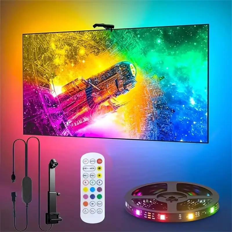 LED Strip Light with Camera, Synchronized with Screen and Music, Remote Control + Line Control, USB Powered, Adjustable Brightness, IR Sensor, Dimmable led light