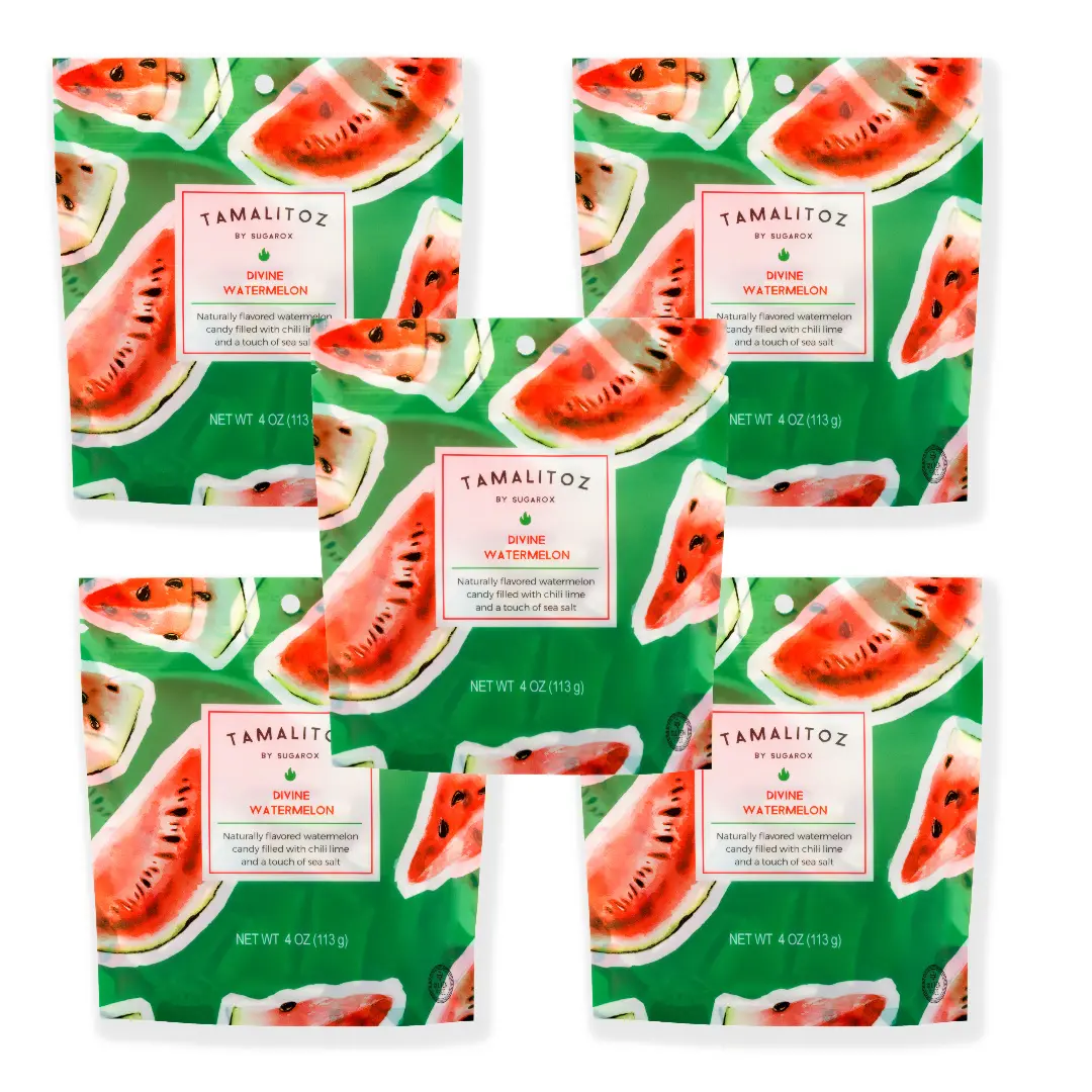 Watermelon (5-Pack)   Crisp watermelon ribbon candy pillows stuffed with our signature chili, lime, and sea salt blend. This isn't your childhood candy—it’s a salty, tangy, spicy punch to the mouth. Call me hot, not sweet.