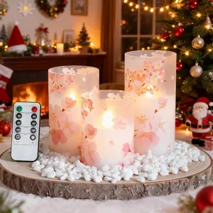 Flameless Flickering Plastic Candles With Remote And Timer, 3 Pack 3 X 4, 5, 6 Inches, Pink Flowers LED Battery Operated Real Wax, Realistic Wick Electric Pillar Candles With Warm Fire, Mother's Day , Valentine's Day Gift