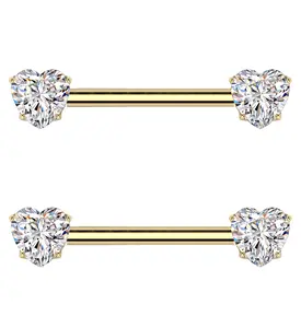 Gold PVD Prong Heart Clear CZ Threadless Titanium Nipple Barbell