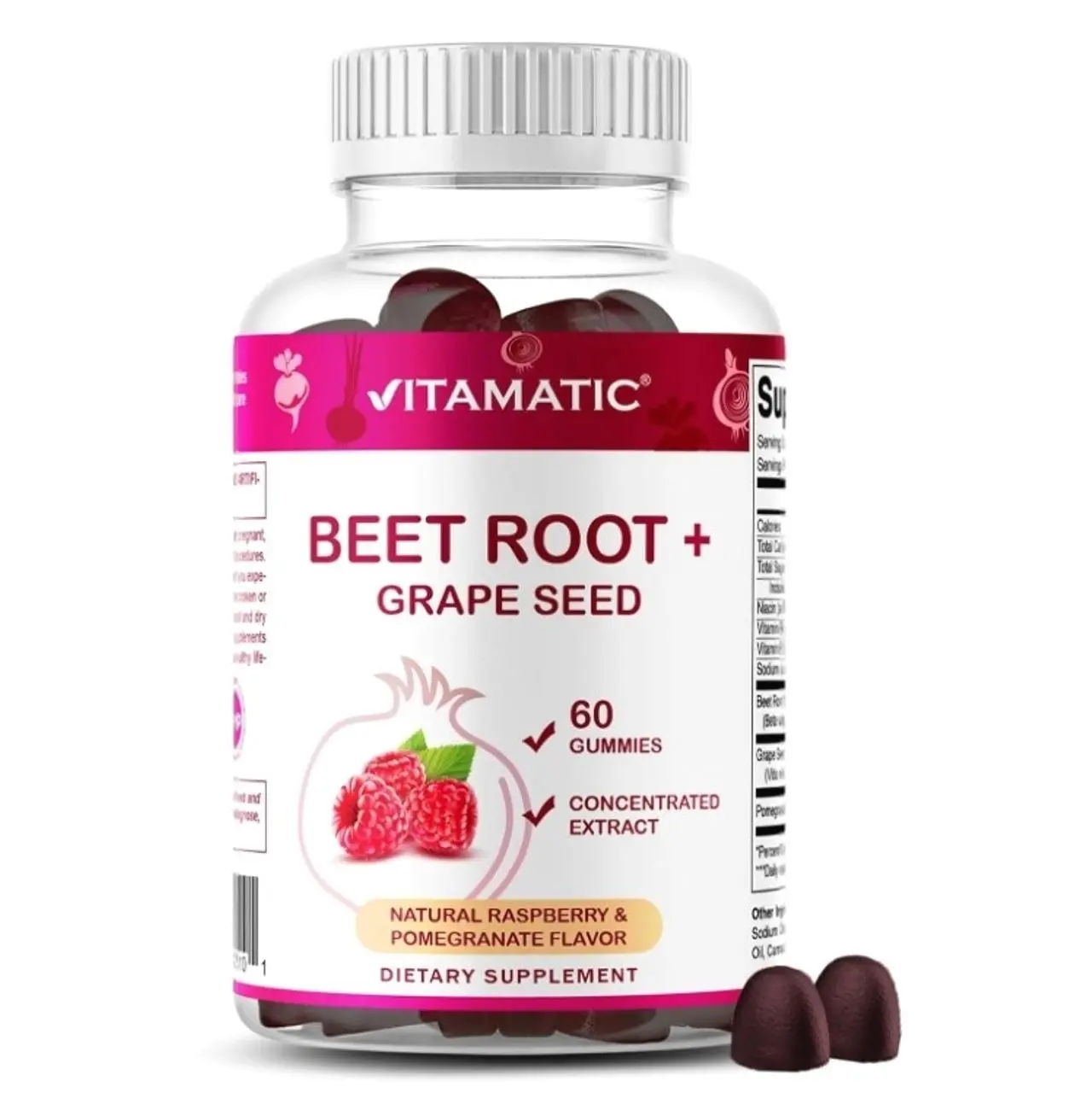 Beet Root Gummies with B6, B12, Grape Seed, Pomegranate & Nicotinamide – Plant-Based Extract – Vegan, Non-GMO – Botanical Supplement Gummies – 60 Count