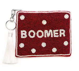 Handmade Beaded Pearl Gameday Custom Coin Purse | Bag for Clear Stadium Bags | Oklahoma Sooners | Boomer | 405 Local Original | Polka Dot Pearl Border