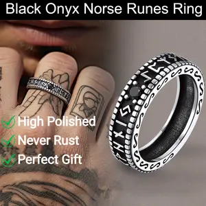 FaithHeart Norse Runes Ring with Black Onyx For Unisex