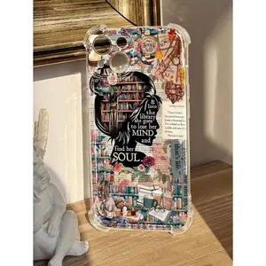 1pc Vintage Aesthetic Library, Book, Coffee, Girl, Slogan Pattern Soft Transparent Shockproof Phone Case Suitable For IPhone17/IPhone17 Air/IPhone17 Pro/IPhone17 Pro Max/16 Pro Max/15 Pro Max/14 Pro Max/13 Pro Max/12 Pro Max