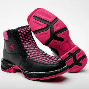 Black/Pink Basketweave Leather Botin With 3D Lightweight Soles - Square Toe