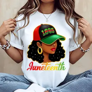 Juneteenth 1865 Black Woman With Hat And Stars Print Cotton T-shirt Casual Loose Fit Ideal For Everyday Wear And Sports Activities