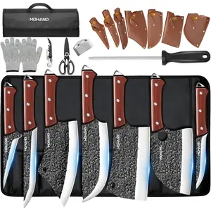 MDHAND 14pcs Kitchen Chef Knife Set, Hand Forged High Carbon Steel,Includes Butcher,Meat Cleaver, Boning,and Viking Knives,with Knife Bag