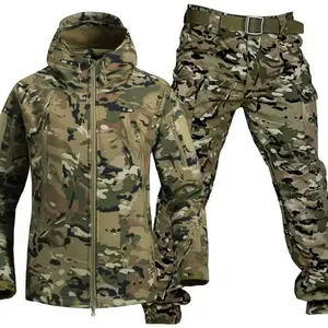 Outdoor Shark Skin Soft Shell Jacket Set Unisex Camouflage Fleece Winter Thickened Men Camo Suit Waterproof Tactical Multi-pocket Hooded Jacket Fleece Pants 2-piece Big & Tall