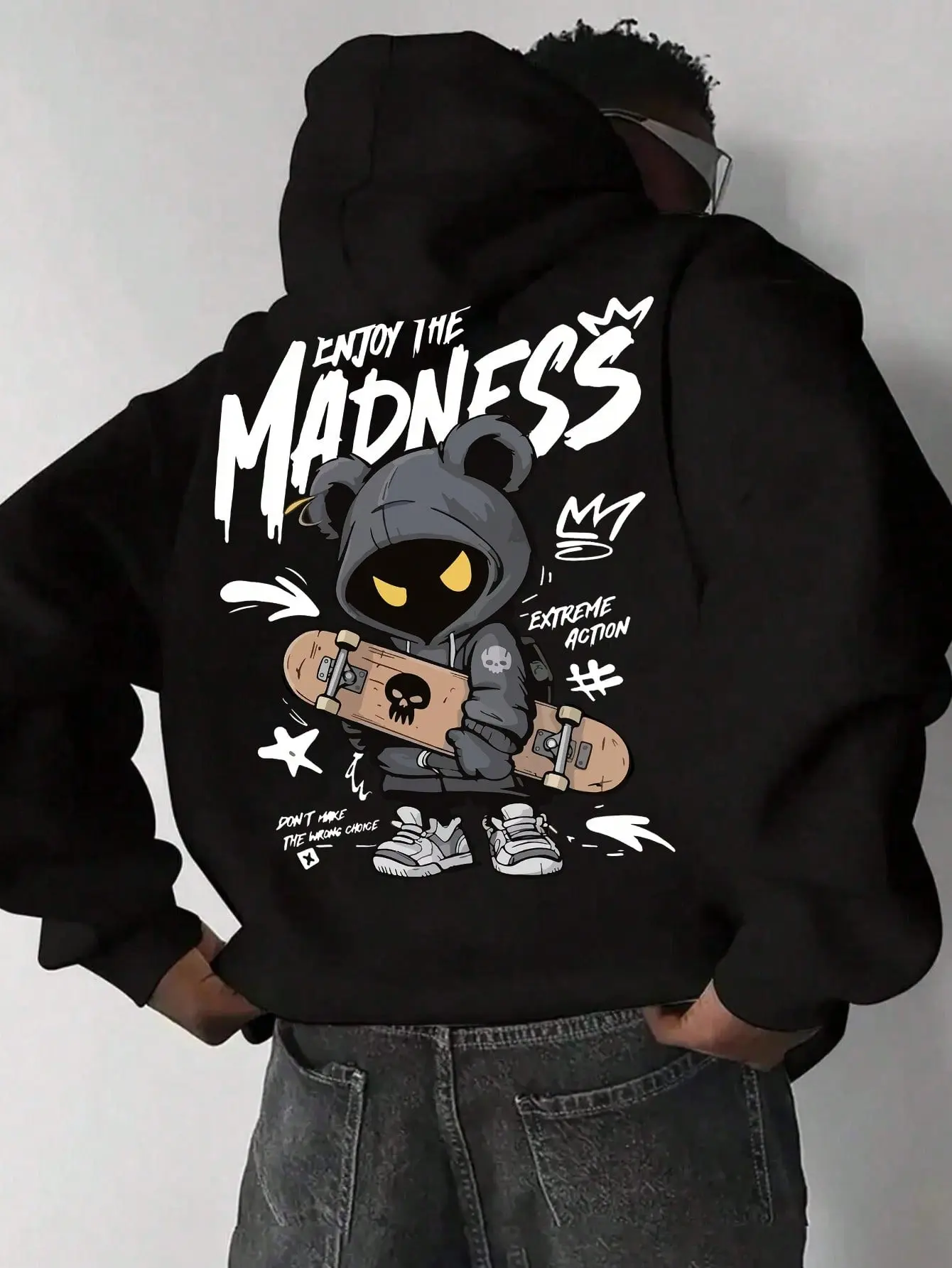 Enjoy The Madness Skateboard Cartoon Hoodie, 270G Brushed Fleece Streetwear Hooded Sweatshirt, Urban Graffiti Aesthetic Pullover, Soft Warm Casual Top For Men Women
