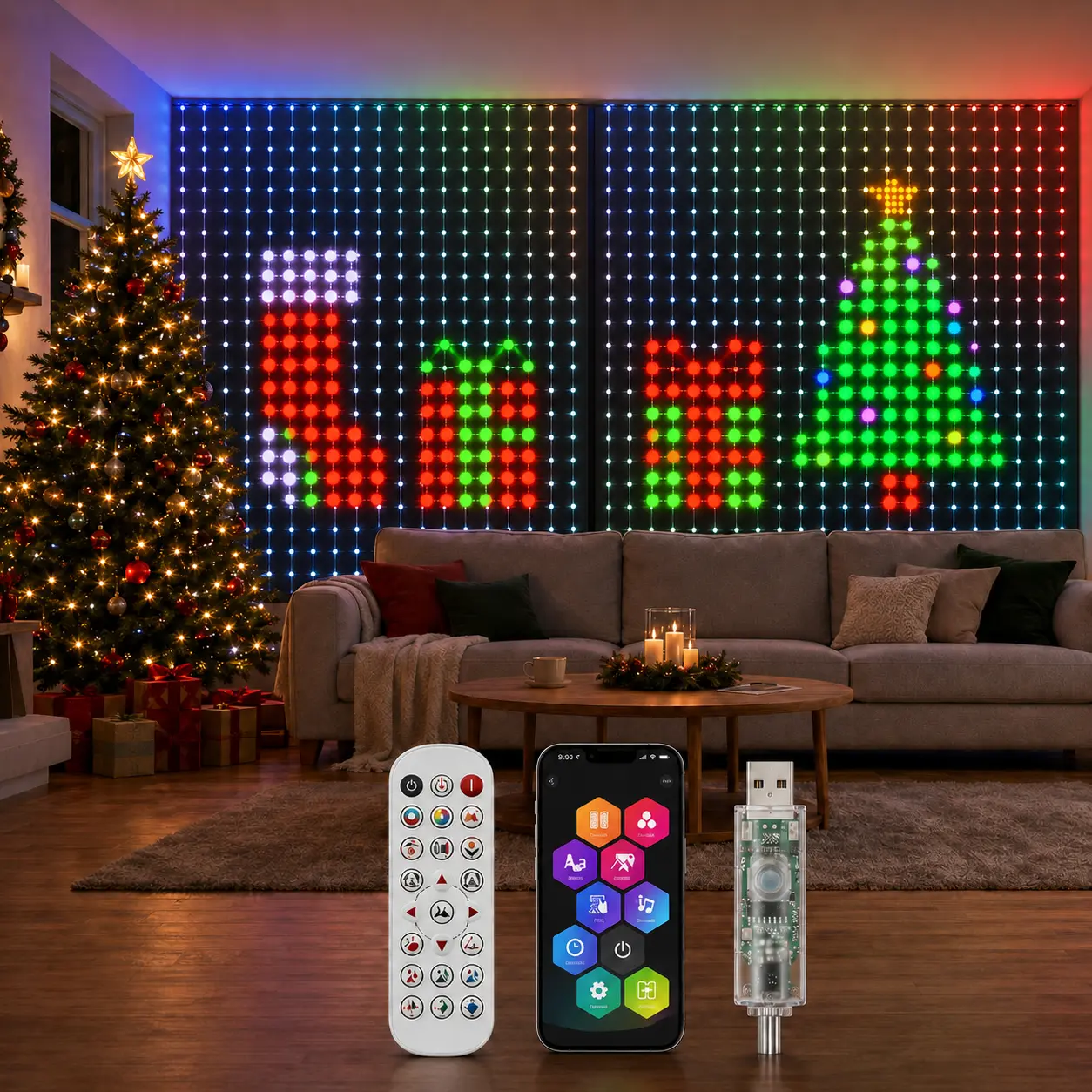 IP65 Waterproof RGB LED Curtain Lights - USB Powered Surplife App+Remote Smart Pixel Lights with DIY Text, Custom Images, Graffiti, Animations, Music Sync for Bedroom, Halloween Mood Lighting, Event Styling, Decorative LED Holiday Lighting