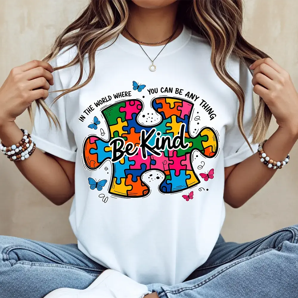 Unisex Cotton Printed T-Shirt - White, Casual Short-Sleeve Top, Puzzle Piece "Be Kind In The World Where You Can Be Anything" Design, Autism Awareness, Everyday Fit Wear, Tshirt