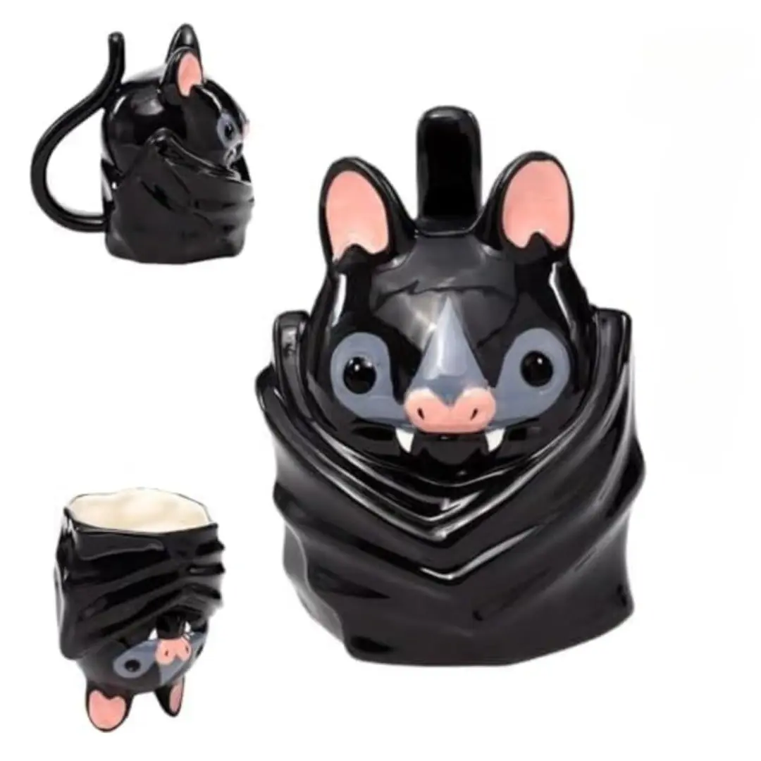 Bat Upside Down Shaped Mug, Cute 3D Bat Coffee Mug with Spoon, Pointy Ears Tiny Fangs, Weighted Stable Base, Funny Animal Novelty Mug Gift, Drinkware Mug