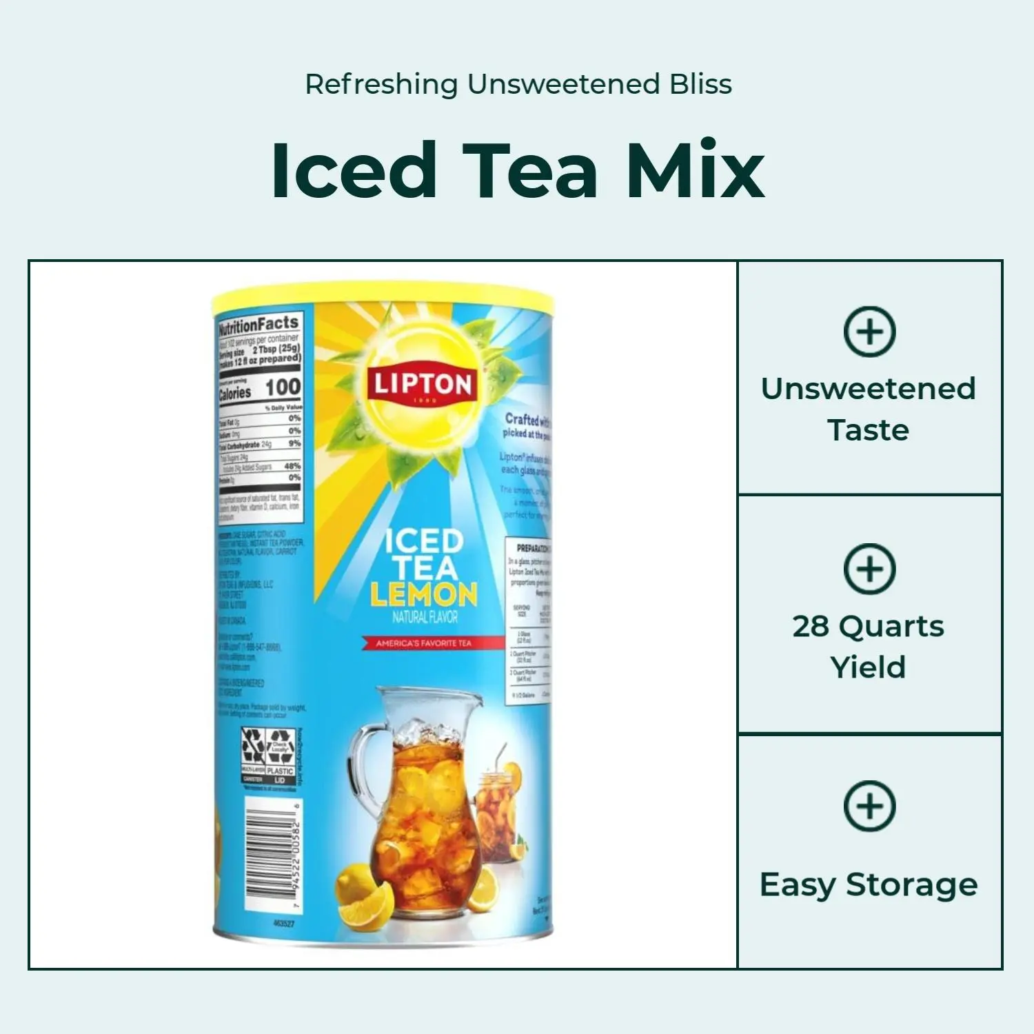 Lipton Unsweetened Natural Flavor Iced Tea Mix Concentrate, Makes 28 Qt, Lemon Flavor, Ideal for Large Gatherings (Pack of 1), Beverage, Refreshing Beverages