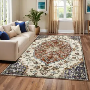 GARVEE 8x10 Area Rug - Large Washable Vintage Neutral Carpet with Floral Bohemian Design, Non-Slip, Non-Shedding, Low Pile, Foldable for Living Room, Bedroom, Dining Room in Red