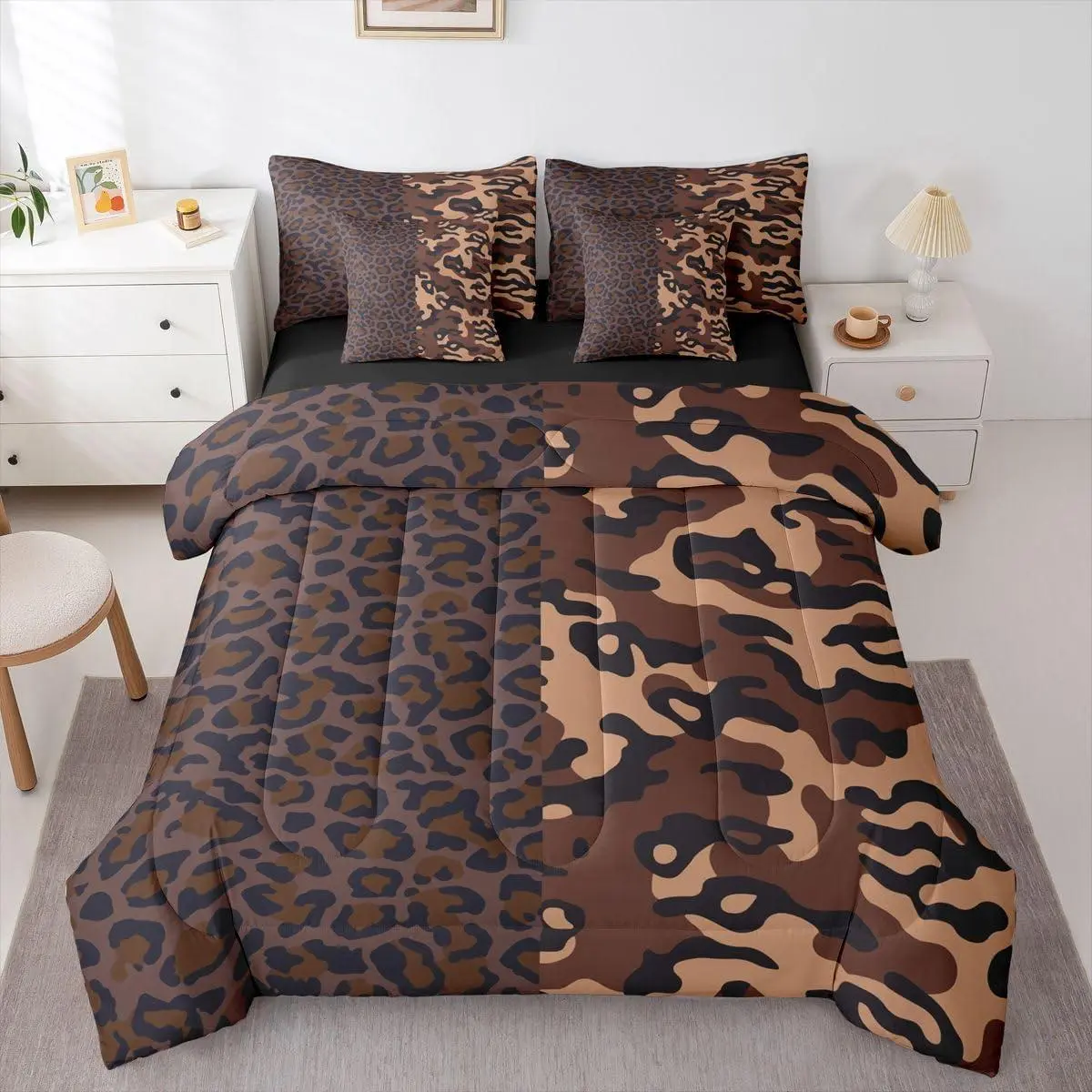 Leopard Print Comforter Set with Sheets 7 Piece Cheetah Camo Bed in a Bag Safari Animal Bedding Set Camoufalge Bedroom Decor Breathable Soft Lightweight Microfiber