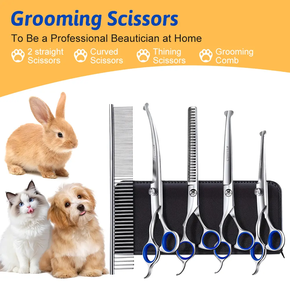 6-in-1 4CR Stainless Steel Titanium-Coated Dog Grooming Scissor Multi Pack - Grooming Products with 2 Straight Scissors, Ergonomic Design, Safety Round Tips, Solid Metal Heavy-Duty Trimming Tools for Dogs, Other Animals, 1 Curved Shear