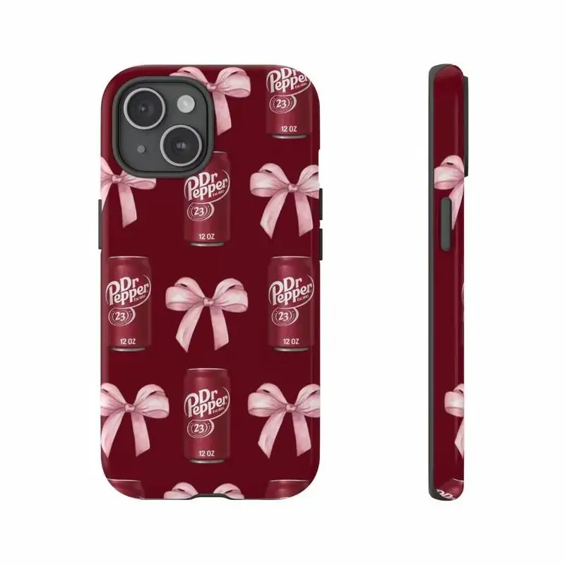 Dr Pepper Lover's iPhone Case, Festive Bow Design, Transparent TPU for iphone 11-16.