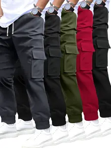 Men's Workwear Jogger Pants, 5 Pack, Autumn & Winter, Multi-Pocket, Solid Color, Lightweight Stretch Waist, Drawstring Closure, Comfortable & Fashionable Casual Running Athletic Trousers