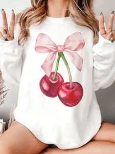 Women's Cherry Print Crew Neck Sweatshirt, Casual Drop Shoulder Long Sleeve Pullover, Women's Fall & Winter Clothes for Daily Wear, Womenswear