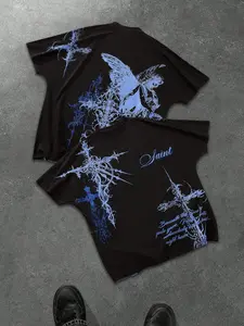Men's Gothic Aesthetic T-Shirt, Loose Fit Cross & Angel Graphic Print, Soft Round Neck, Street Style Fashion Top, Unique Gothic Streetwear