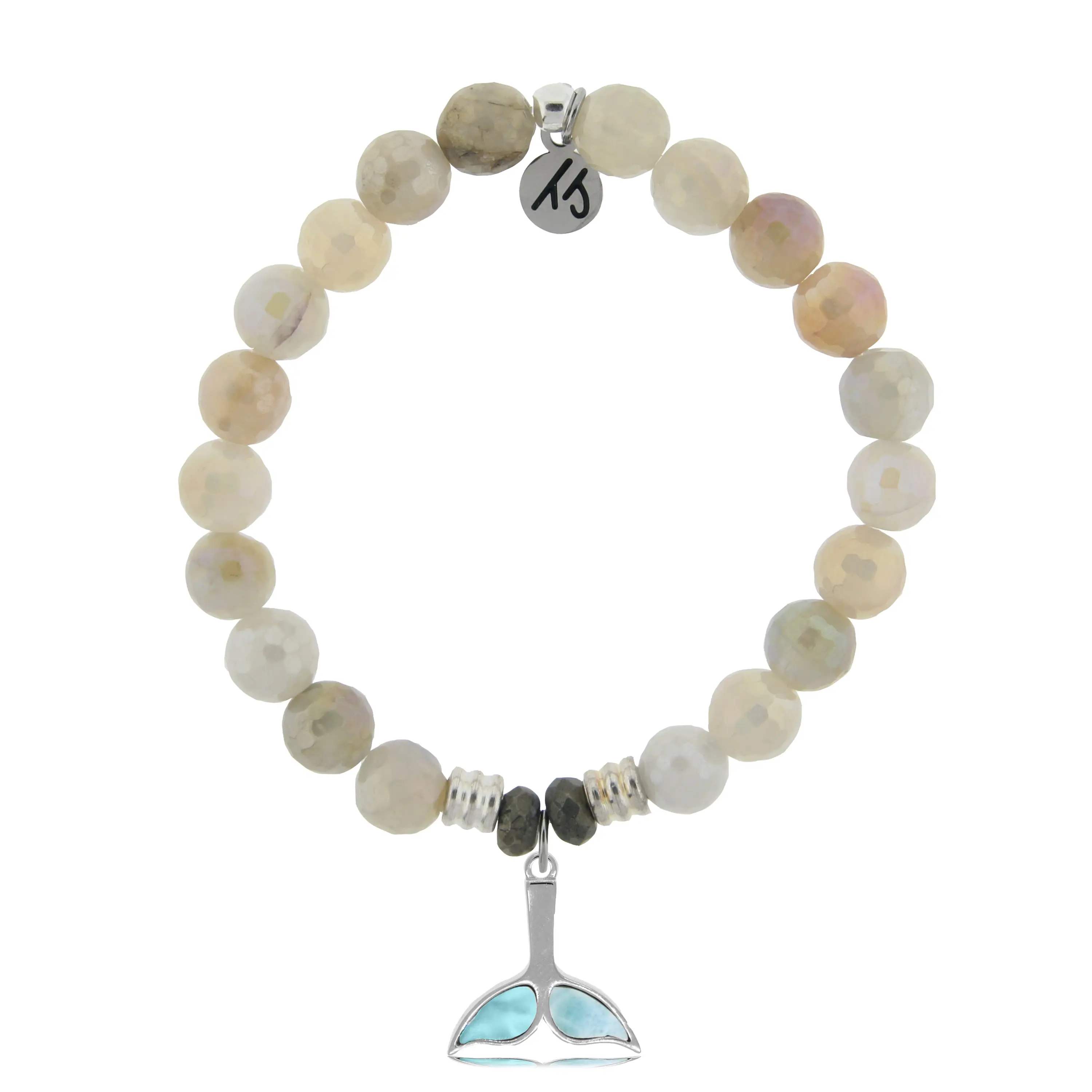 Larimar Charm Collection: Moonstone Gemstone Bracelet with Larimar Whale Tail Sterling Silver Charm