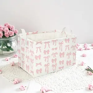 1 Pink Bow Foldable Storage Basket with Handle, Suitable for Home Wardrobe, Office, Bedroom, Gift Basket, Shelf Storage Bin