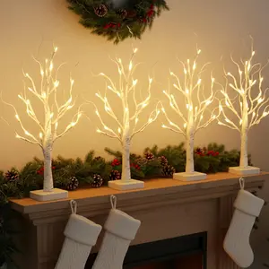 PEIDUO 4 Pack Lighted Birch Tree for Christmas Decorations with Timer, Prelit Birch Tree with 24 LED Warm White Lights, Artificial Tree Lights for Indoor Tabletop Christmas Home Decor (4PK)