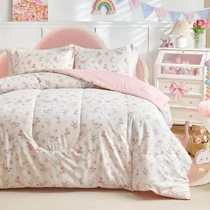 3pcs Cotton Comforter Set for Girls, Pink Floral Design, Twin Size Soft Cozy All Season Bedding Comforter Set 68x88 inches