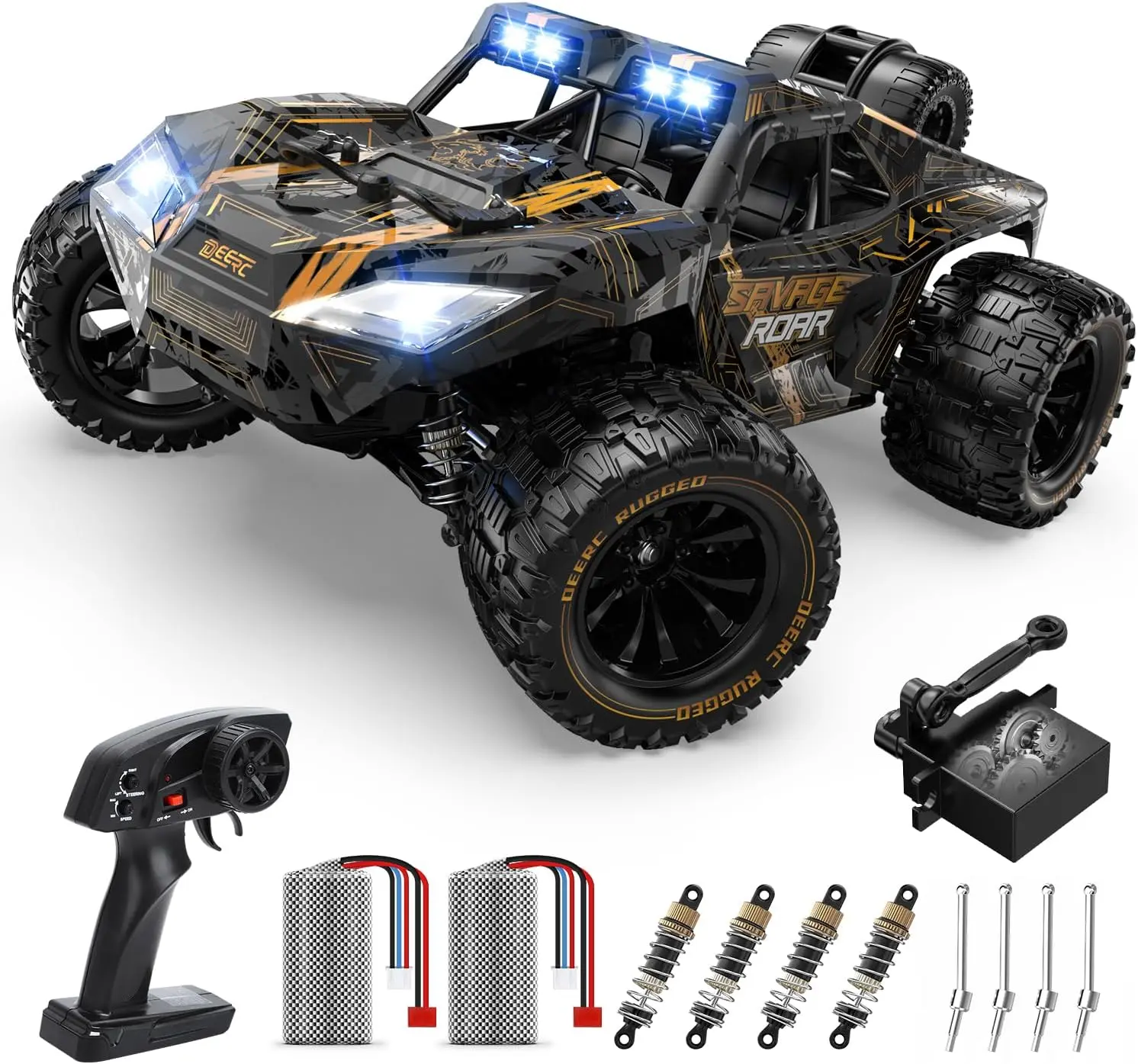 DEERC 1:14 All Terrain Fast RC Car, 40 KPH High Speed RC Truck with LED Headlight, Off-road 2.4Ghz 4x4 Remote Control Car, Monster Truck, 2 Batteries Rc Model Car Rc Stunt Car