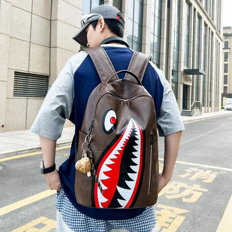Vintage Brown PU Shark Mouth Print Backpack, Hip Hop Street Faux Leather School Daypack With Cookie Pendant