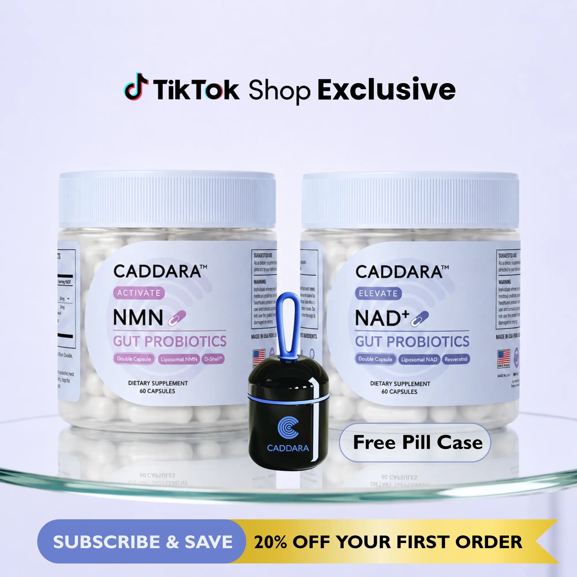 Caddara NAD + NMN Bundle, Portable Travel-Size Pill Organizer with GWP Pill Container for Medication Storage