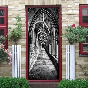 2pcs Gothic Architecture Style Stereo Corridor Wall Sticker Vintage Arch Door Castle Wallpaper Living Room Entrance Background Wall Decoration Sticker Self Adhesive Removable Waterproof PVC Material Cross