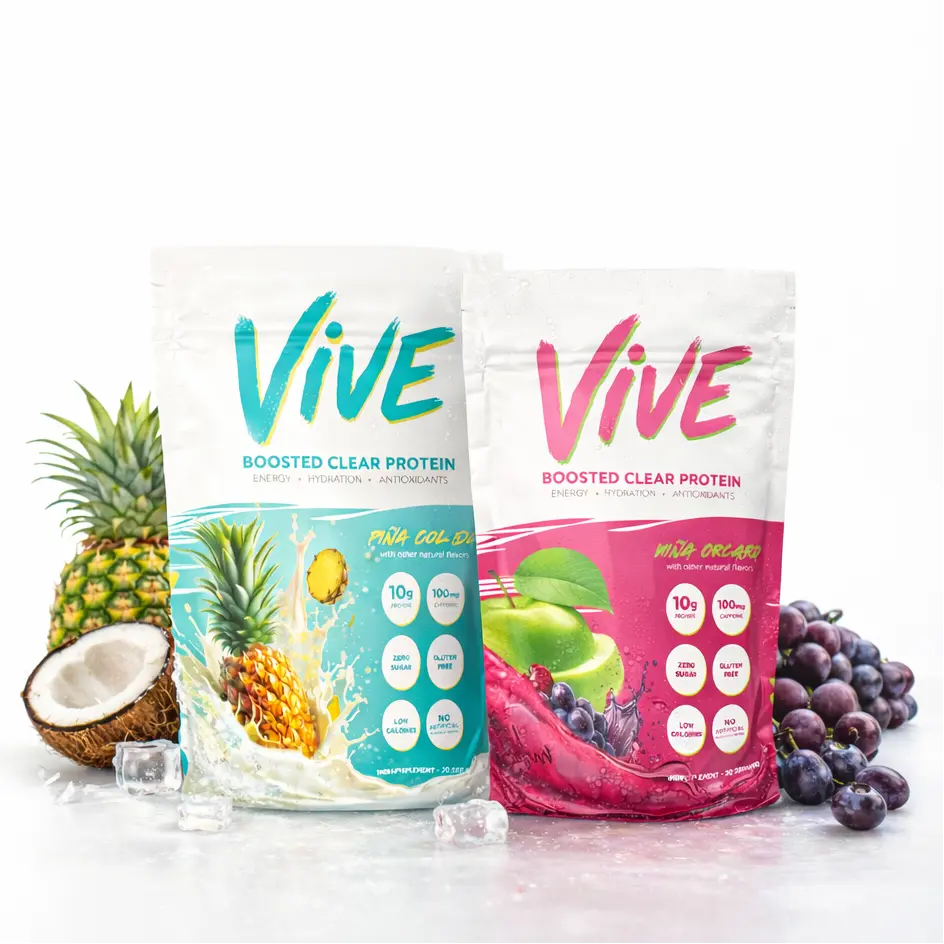VIVE Boosted Clear Protein 10g Whey Isolate + 100mg Natural Caffeine Pina Colada Flavor Zero Sugar Low Calories 20 Servings Clean Energy Focus
