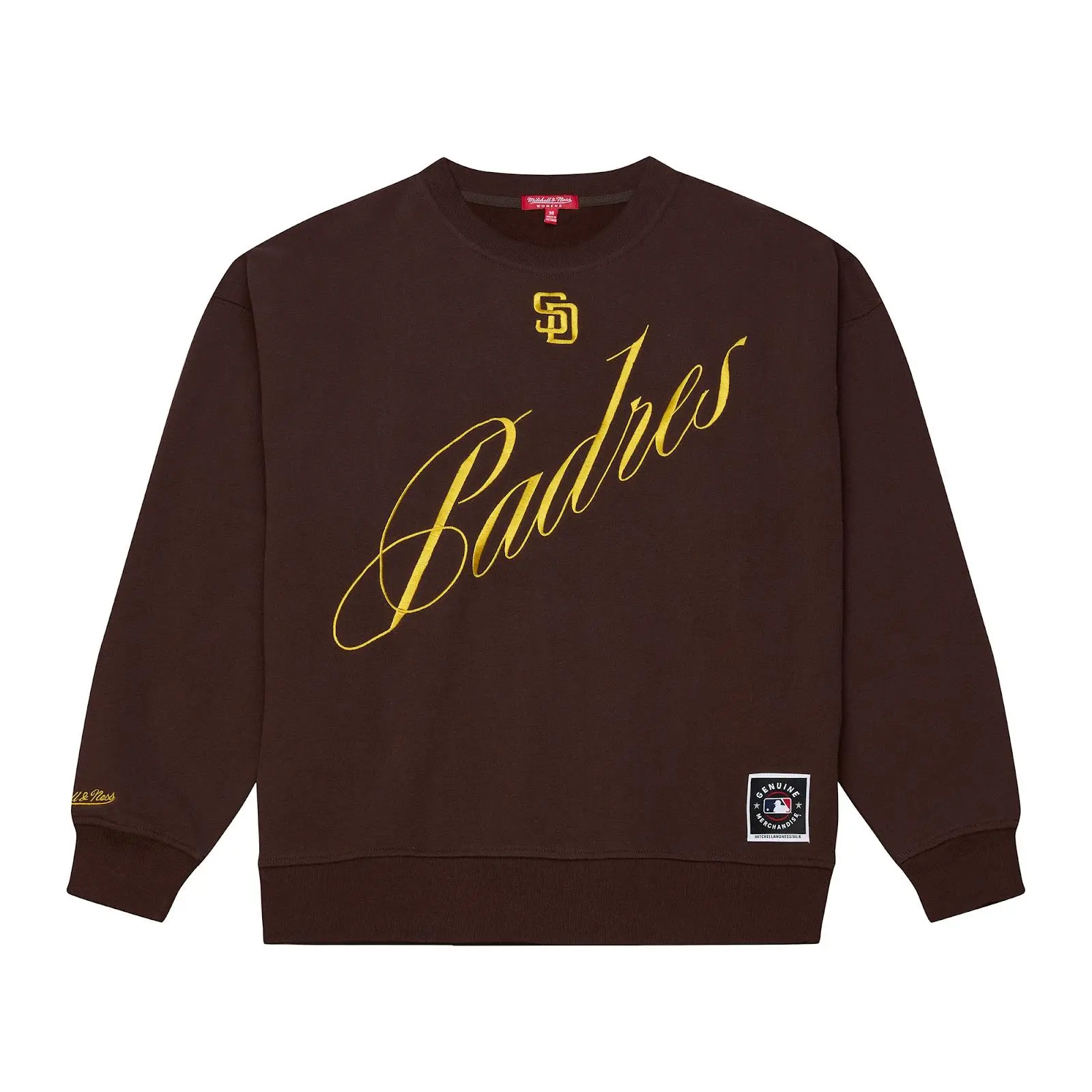 Women's San Diego Padres Brown Script Crewneck Sweatshirt MLB Throwback Vintage Fan Gear Mitchell & Ness