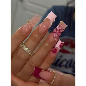 24pcs/Set Y2K French Medium Length Nail Tips, Sweet 3D Pink Flower & Wavy Design With Golden Beads Accent, Press-On Artificial Nails, Suitable For Girls & Women For Daily, Outdoor, Party Occasions Multicolor