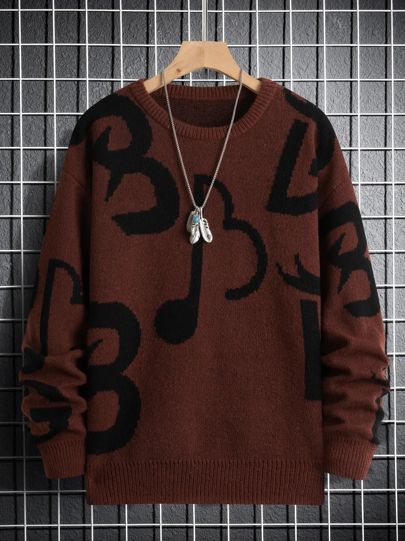 Men's Regular Fit Musical Note Print Round Neck Sweater Without Necklace, Casual Long Sleeve Crew Neck Jumper For Fall & Winter, Fashion Men's Knit Clothing For Daily Wear, Knitwear