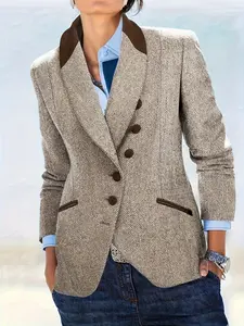 Urban Elegance Commuter Retro Long Sleeve Notch Lapel Lady Jacket, Colorblock Herringbone Pattern, Button Front Suit Coat Outerwear